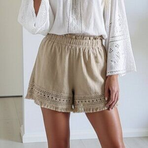 Beige Fringe Trim Pull On Boho Shorts